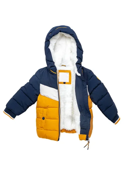 Winter jacket isolated. Stylish blue yellow cosy warm winter down jacket for kids isolated on a white background. Clipping path. Fashionable clothing for spring and autumn.