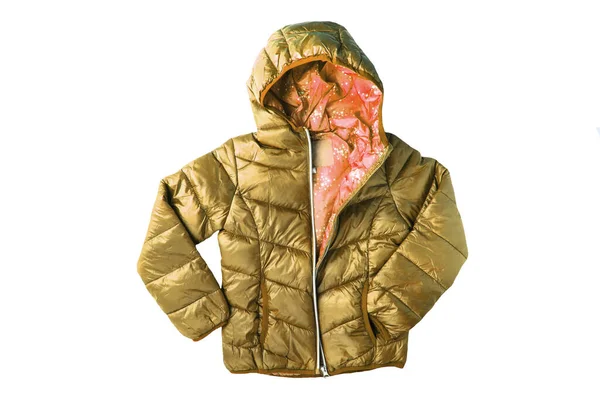 Down jacket for children. Stylish golden cosy warm winter down jacket for kids isolated on a white background. Autumn and winter fashion.