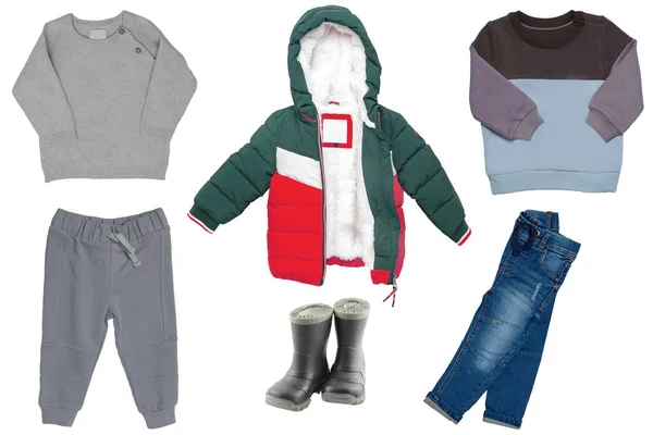 Collage Kleine Jungen Kleidung Set Aus Einer Stilvollen Daunenjacke Jeans — Stockfoto