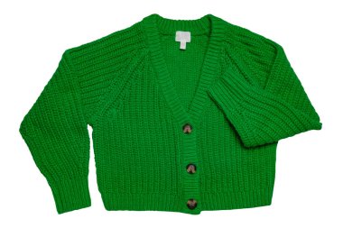 Beyaz arka planda V yaka ve düğme kapaklı, uzun kollu rahat, şık bir hırka. Kadınların yeşil kazağı ya da kazağı. Sonbahar ve kış modası.