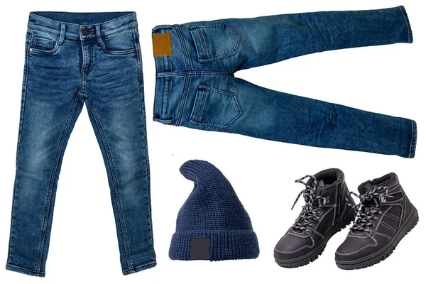 Collage Uppsättning Höstkläder Isolerade Vitt Trendig Snygg Jeans Svarta Läder — Stockfoto