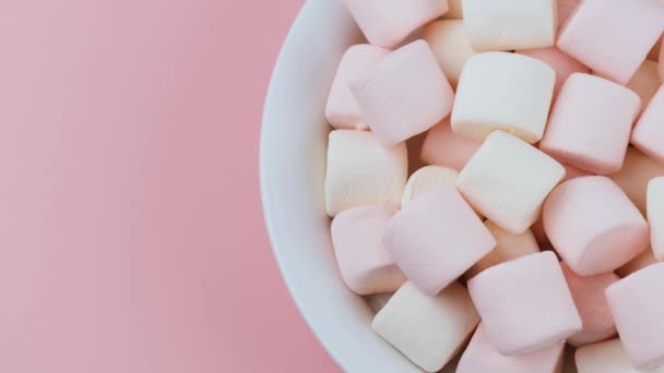 Group Marshmallow Pastel Colors Pink Background Copy Space Top View — Vídeos de Stock