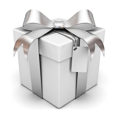 Gift box with silver ribbon bow and blank tag isolated over white background clipart