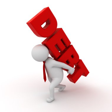 3d business man carrying word debt on his back clipart