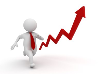 Beyaz arka plan üzerinde yükselen kırmızı ok ile 3D çalışan iş adamı