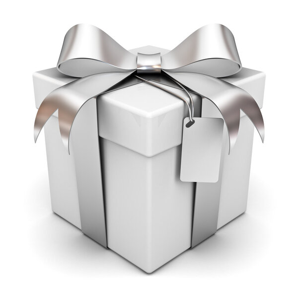 Gift box with silver ribbon bow and blank tag isolated over white background