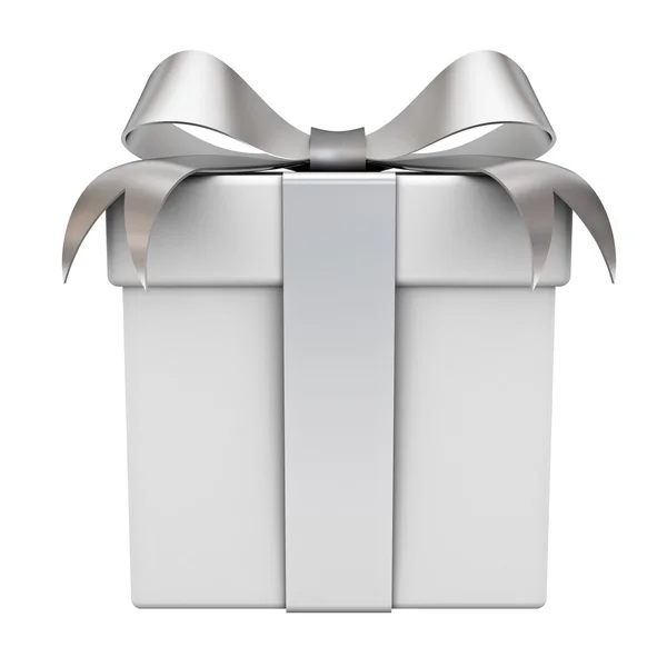 Подарункова коробка зі срібною стрічкою ізольована на білому тлі — стокове фото