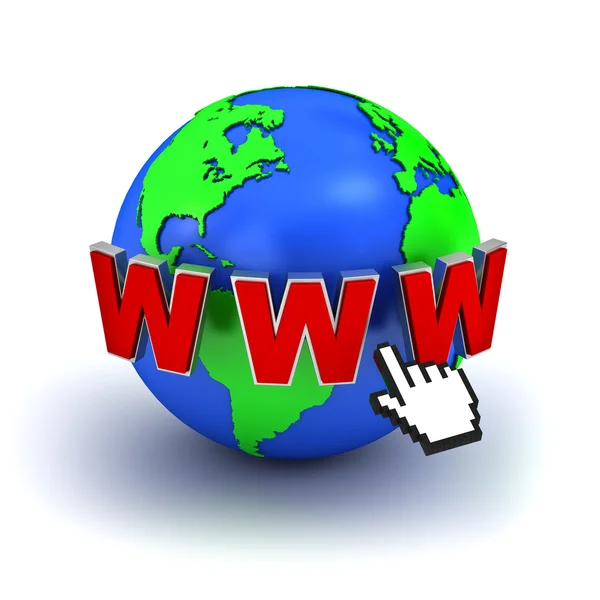 Concepto de internet world wide web, terráqueo con texto de www y computadoras de mano cursor — Foto de Stock