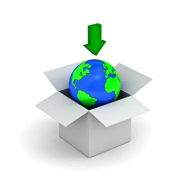 Концепция загрузки, земной шар в белой коробке с зеленой стрелкой вниз — стоковое фото