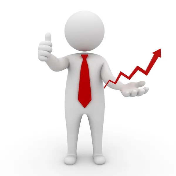 3d business man thumb up with red rising arrow graph — Stock Photo, Image