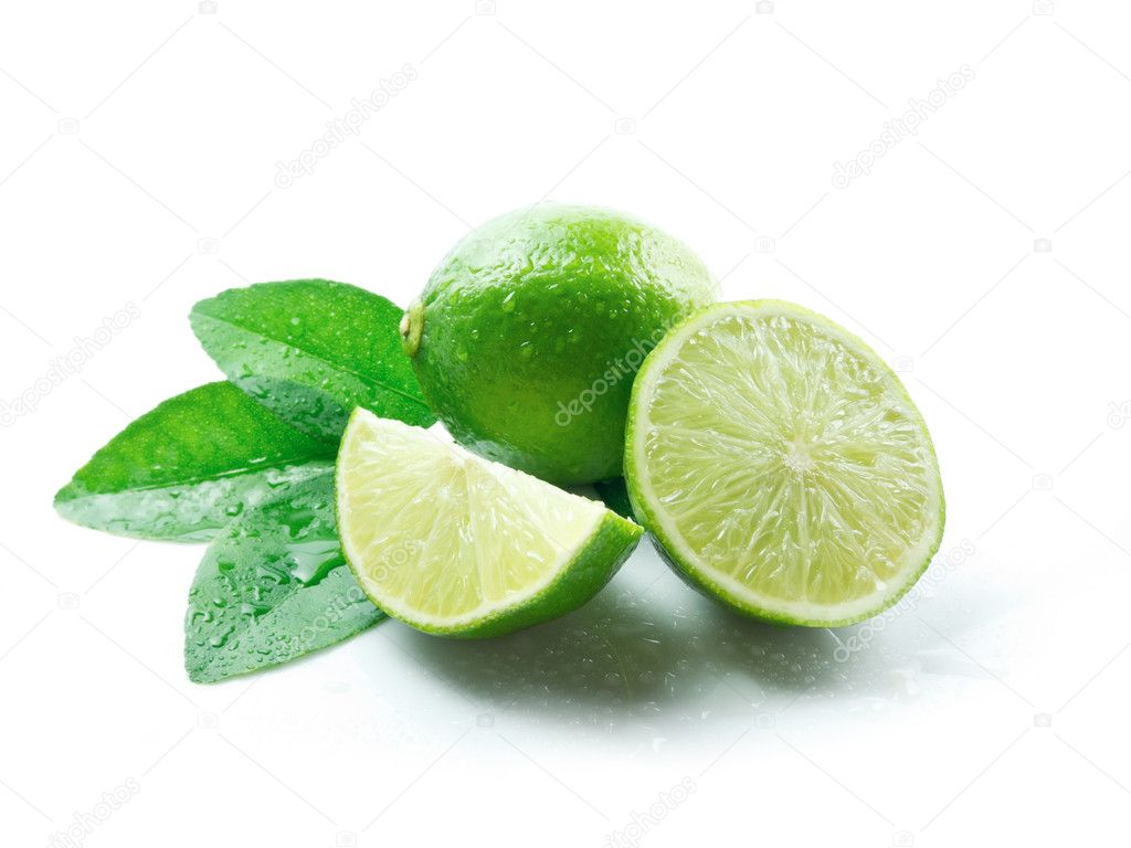 Lime with leaves concept over white background