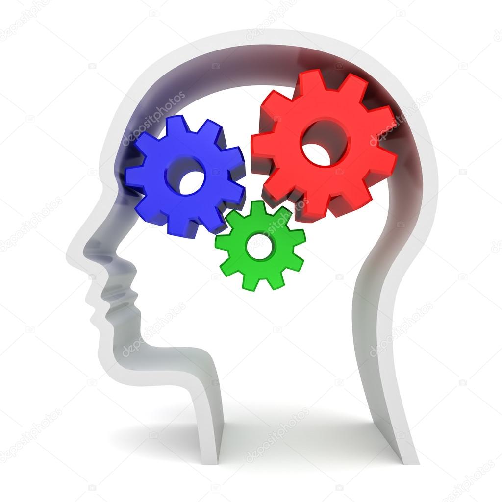 Colorful gears in head shape over white background Stock Photo by