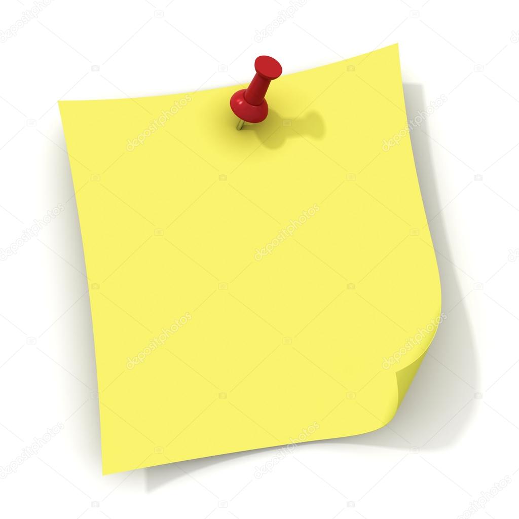 Yellow note and red push pin isolated over white background