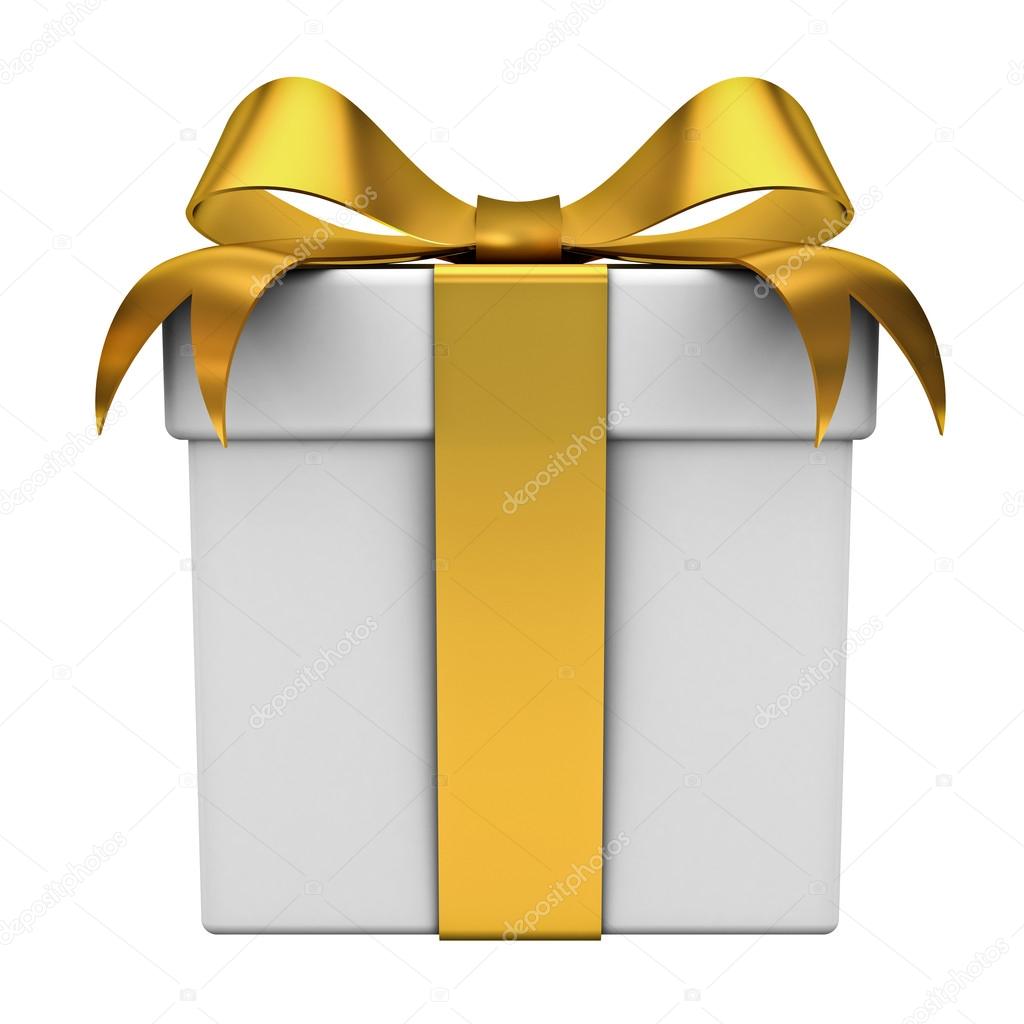 Gift box with gold ribbon bow isolated on white background Stock Photo