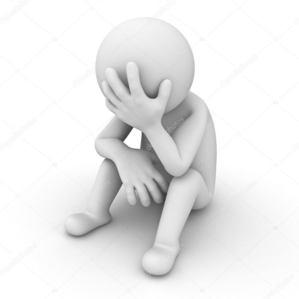 Sad 3d man sitting on white background