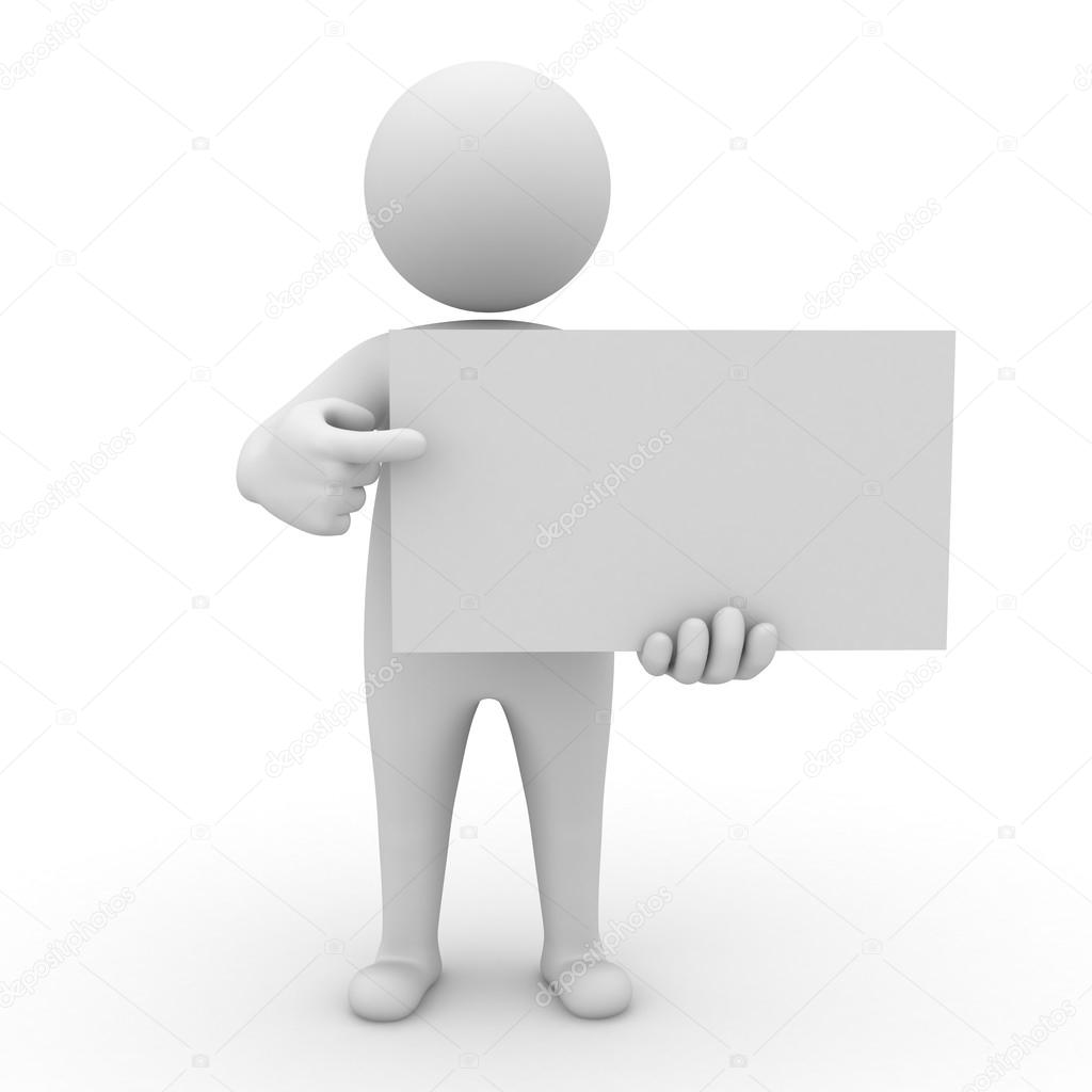 3d man holding blank board and pointing at it isolated over white