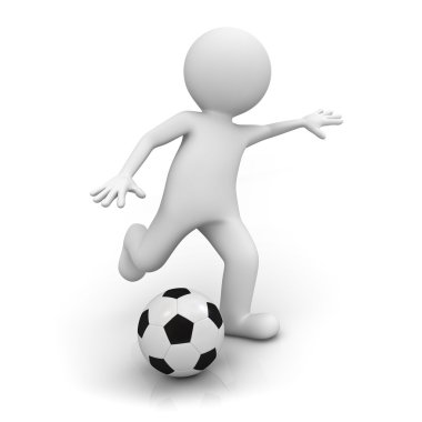 3d adam beyaz arka plan üzerinde futbol oynamak