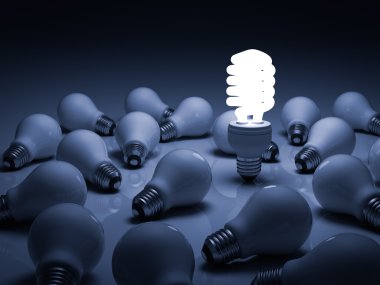 Lit compact fluorescent lightbulb standing amongst the unlit incandescent bulbs