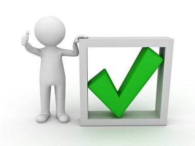 3d man showing thumb up with green tick in box clipart