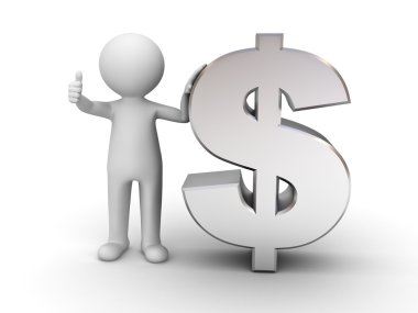 Beyaz arka plan üzerinde metal dolar işareti olan 3D adam