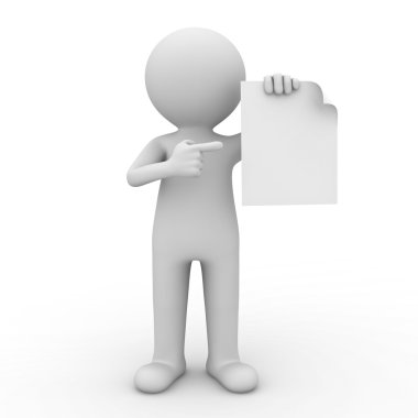 boş kağıt gösteriliyor ve beyaz arka plan üzerinde de parmakla 3d adam