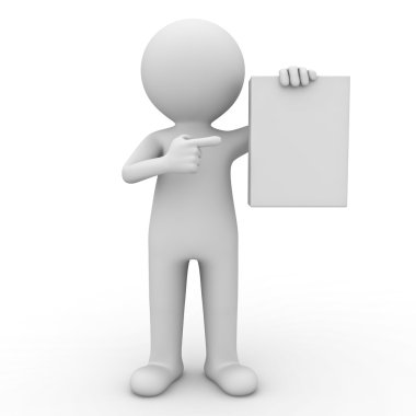 3d man showing blank box or book over white background