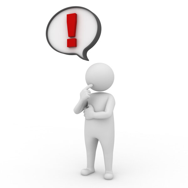 3d человек с восклицательным знаком в речи пузырь на белом фоне
