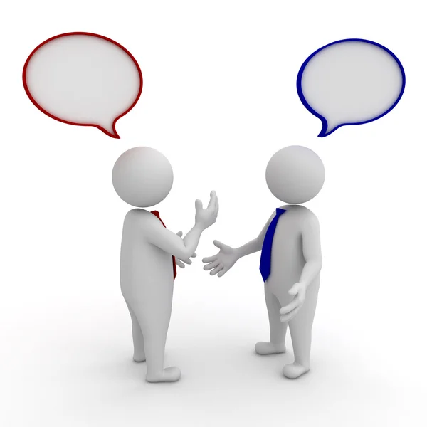 Dois empresários de pé e conversando com bolhas de fala no fundo branco — Fotografia de Stock