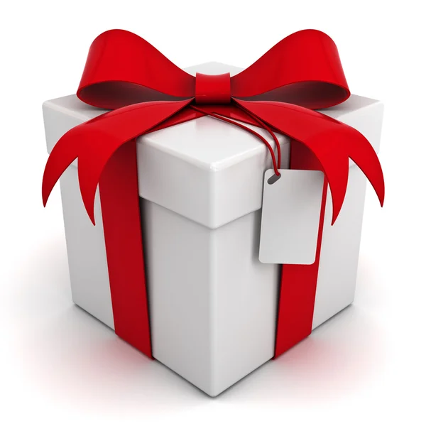 Caja de regalo con lazo rojo y etiqueta en blanco —  Fotos de Stock