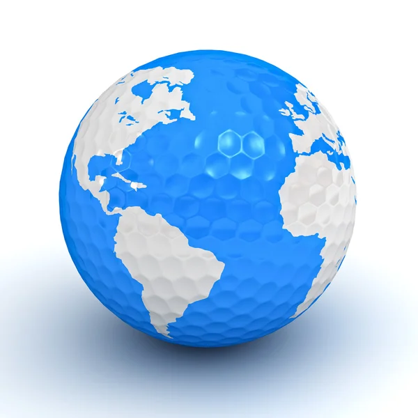 Weltkarte auf Golfball auf weißem Hintergrund — Stockfoto