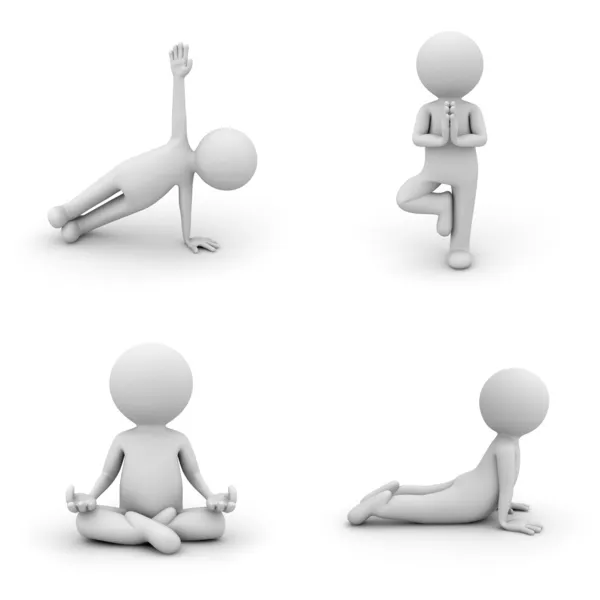 3d adam beyaz zemin üzerine izole yoga egzersiz yaparak