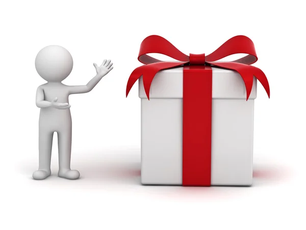 3d man presenting gift box over white background — Stock Photo, Image