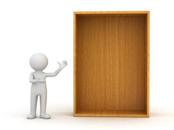 3d hombre de pie y la presentación de caja de madera en blanco — Foto de Stock