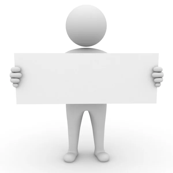3d man holding long blank board over white background — Stock Photo, Image