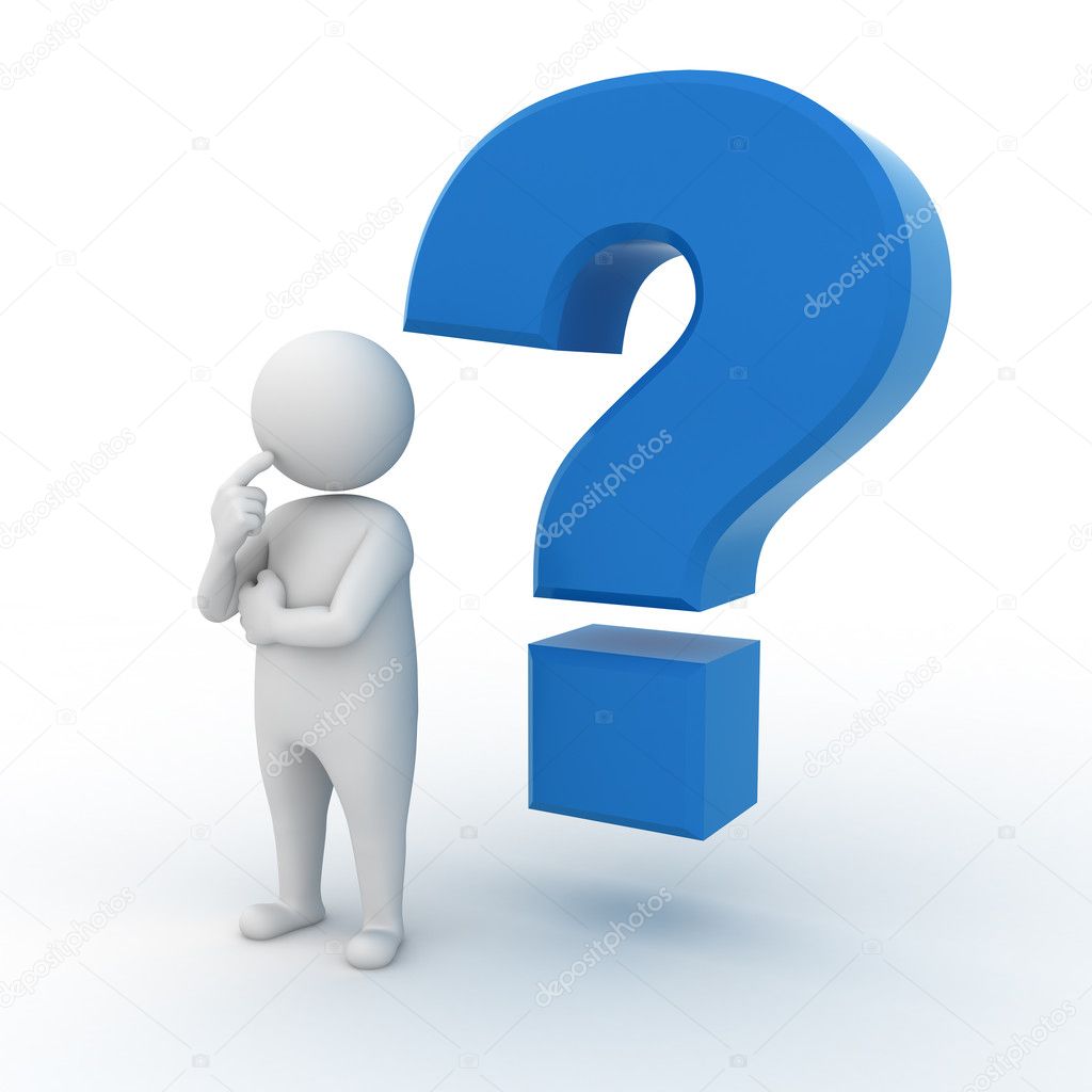 3d man with blue question mark over white background