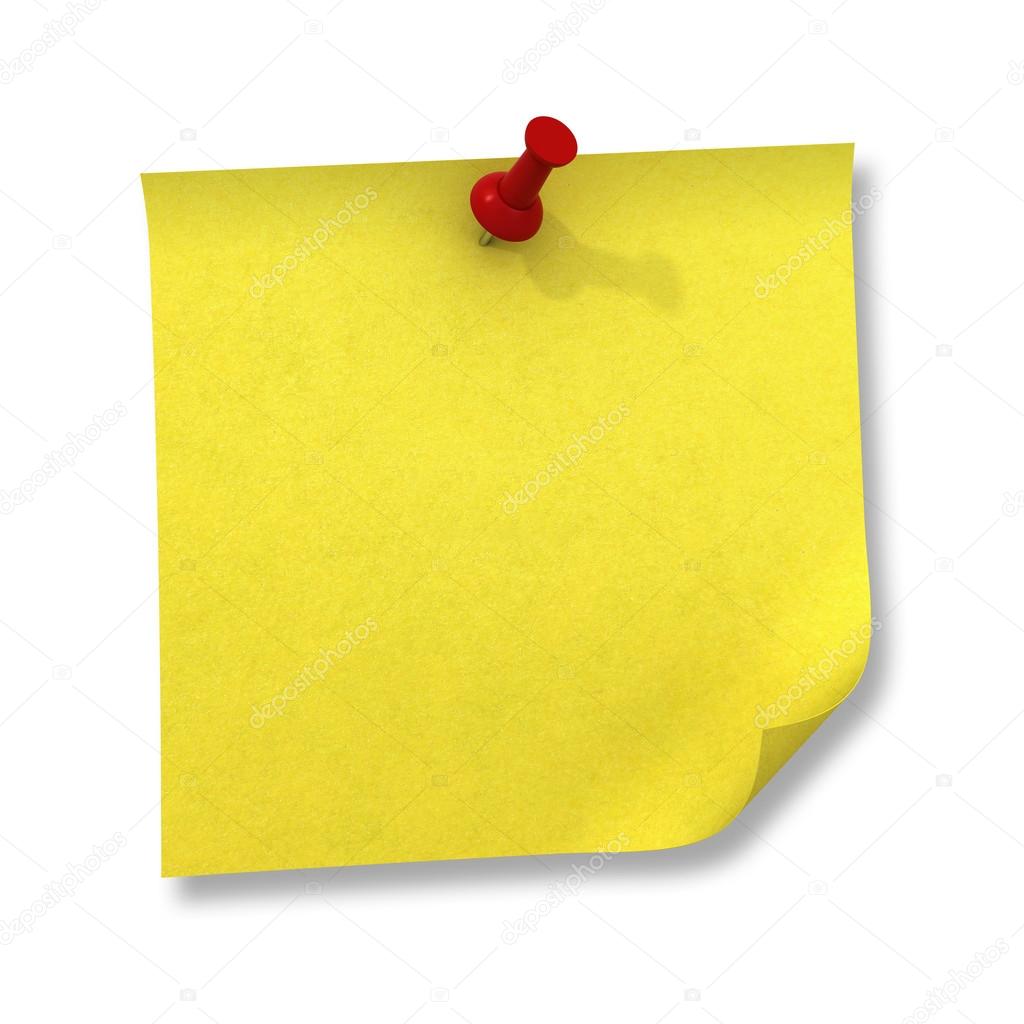Yellow sticky note and red push pin isolated on white background