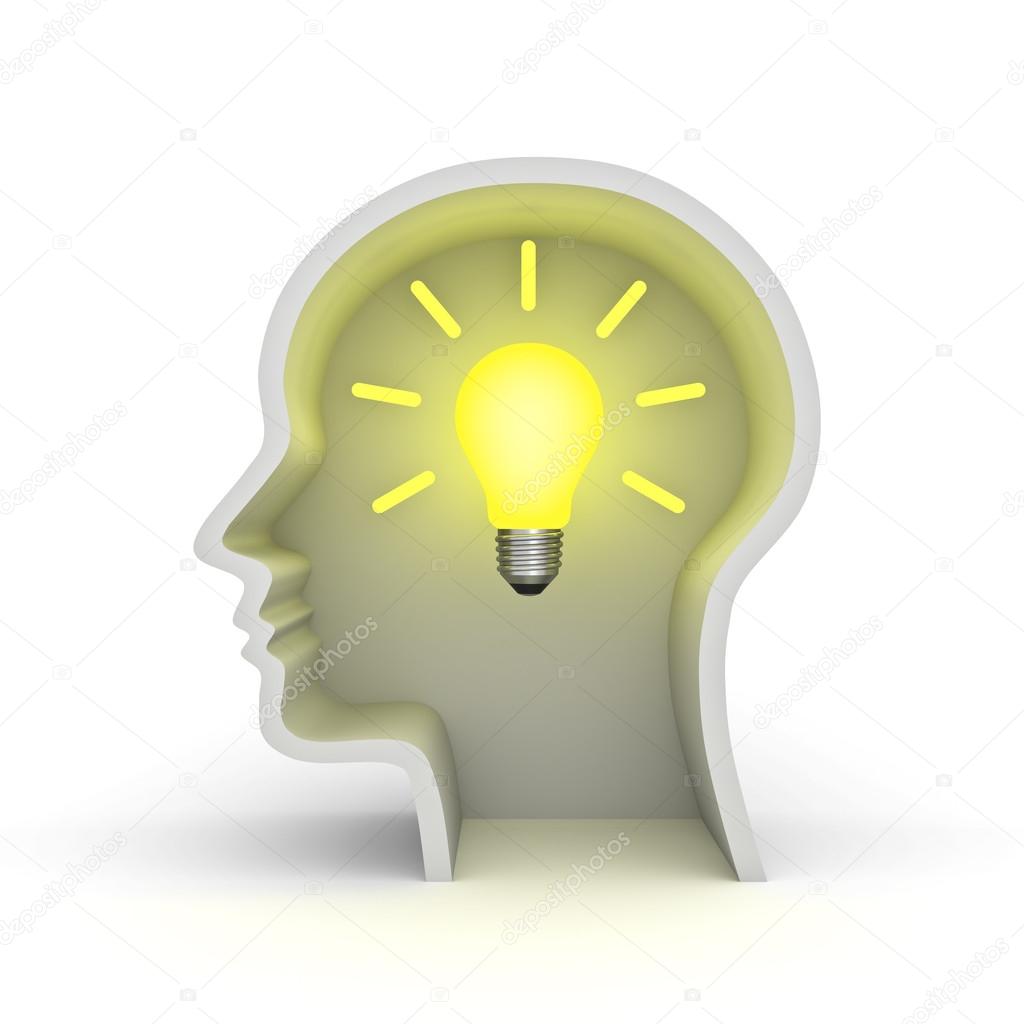 Idea bulb in head shape over white background