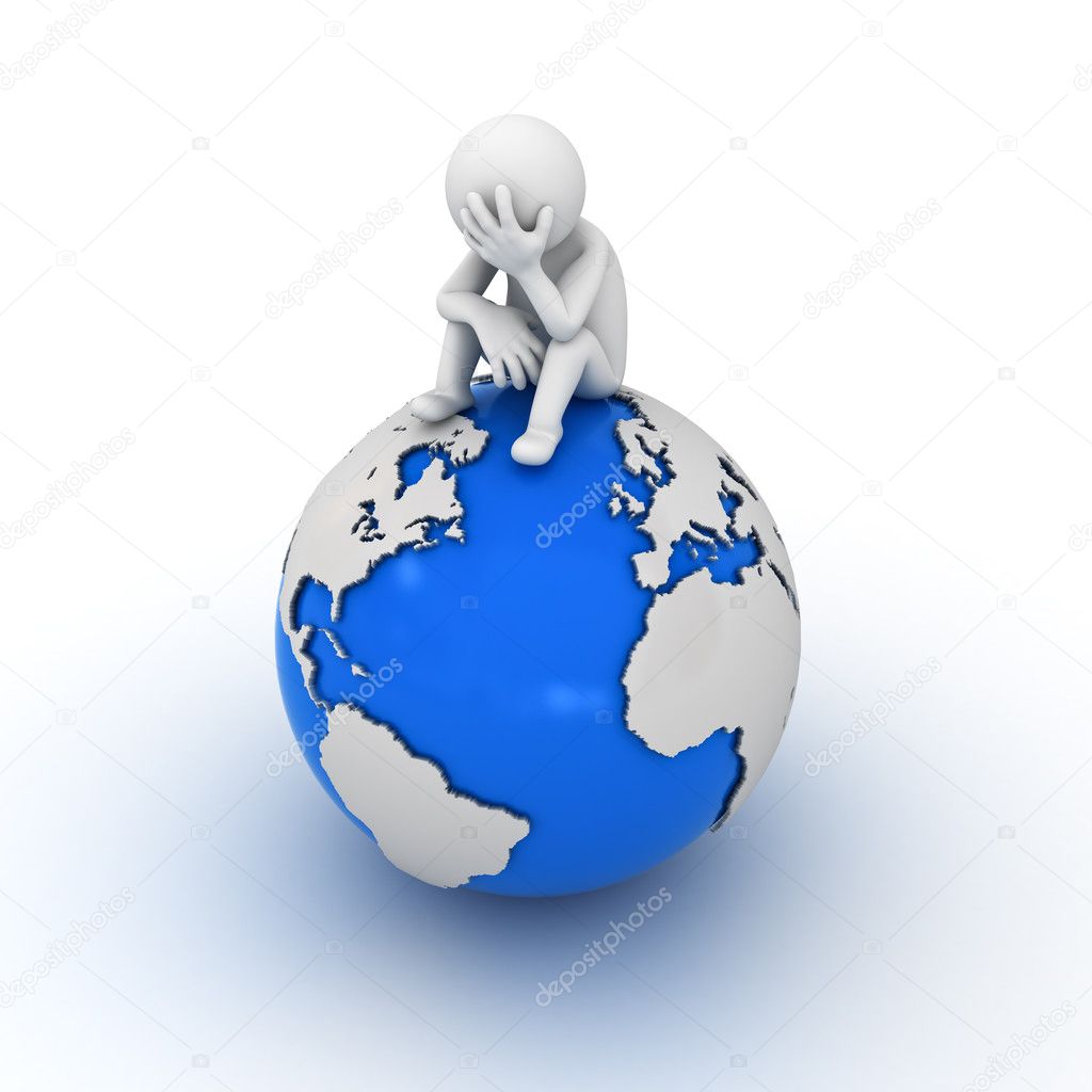 Stressed 3d man sitting on top of the globe