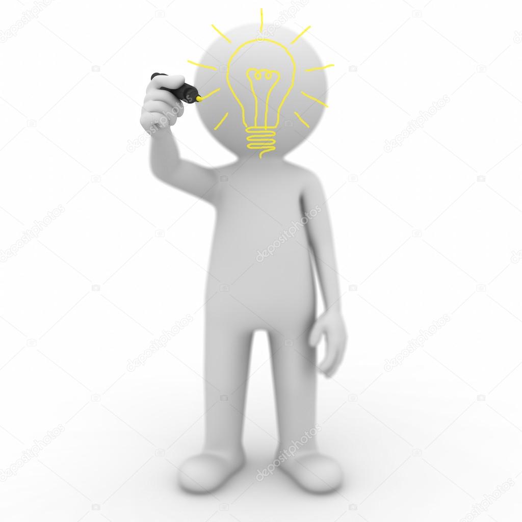 3d man drawing idea bulb on white background