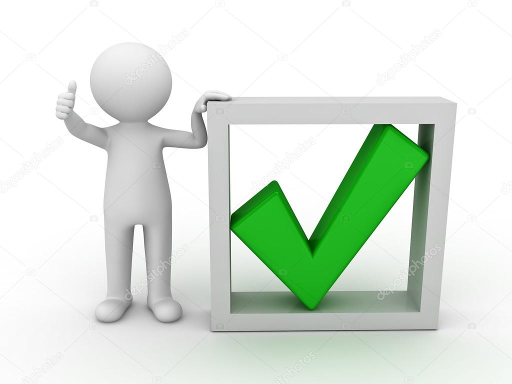 3d man showing thumb up with green tick in box