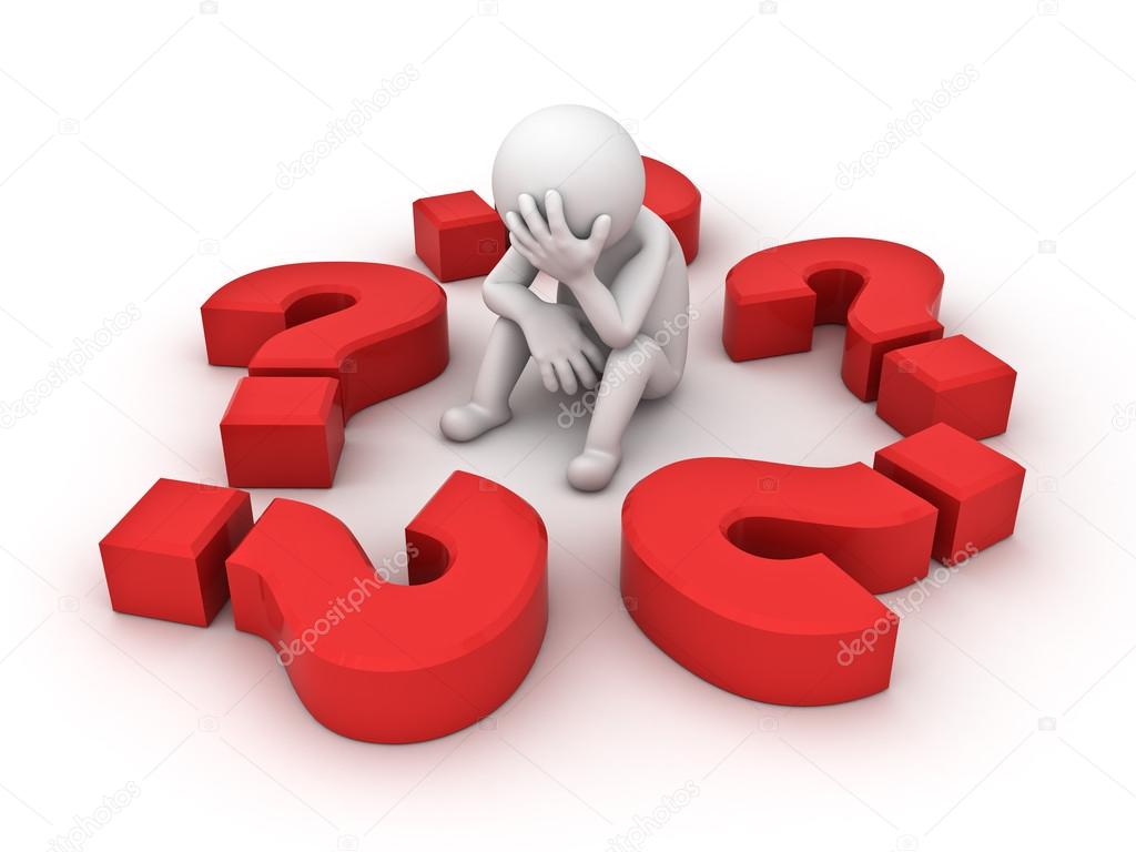 Stressed 3d man sitting with question marks on white