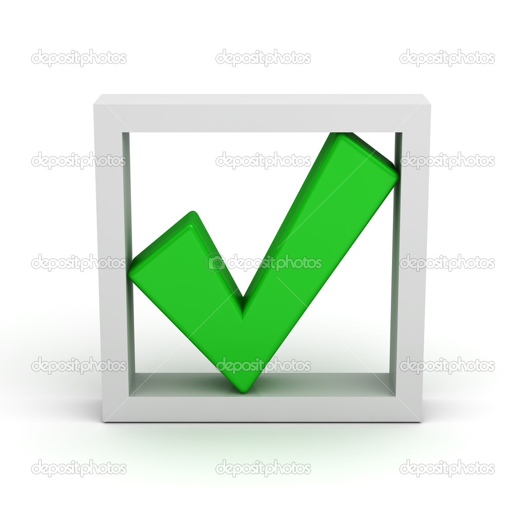 Green check mark in box over white background