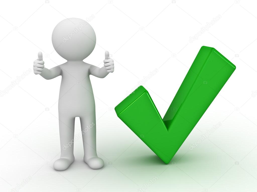 3d man showing thumbs up with green check mark