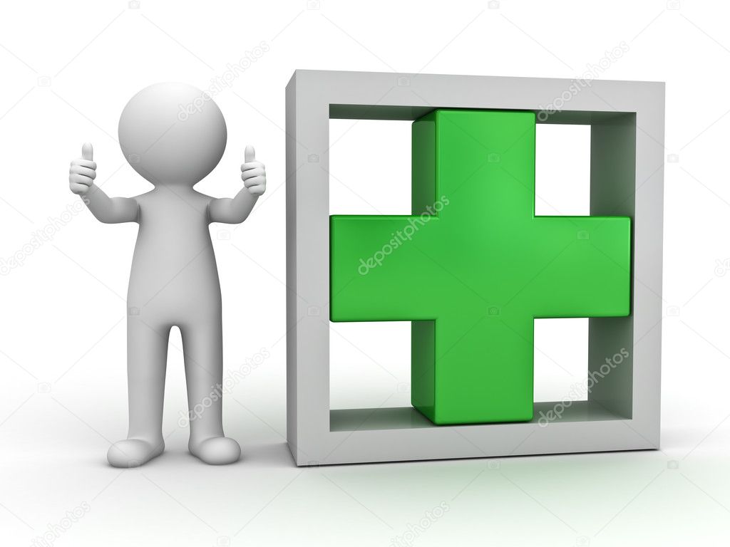 3d man showing thumbs up with green plus sign