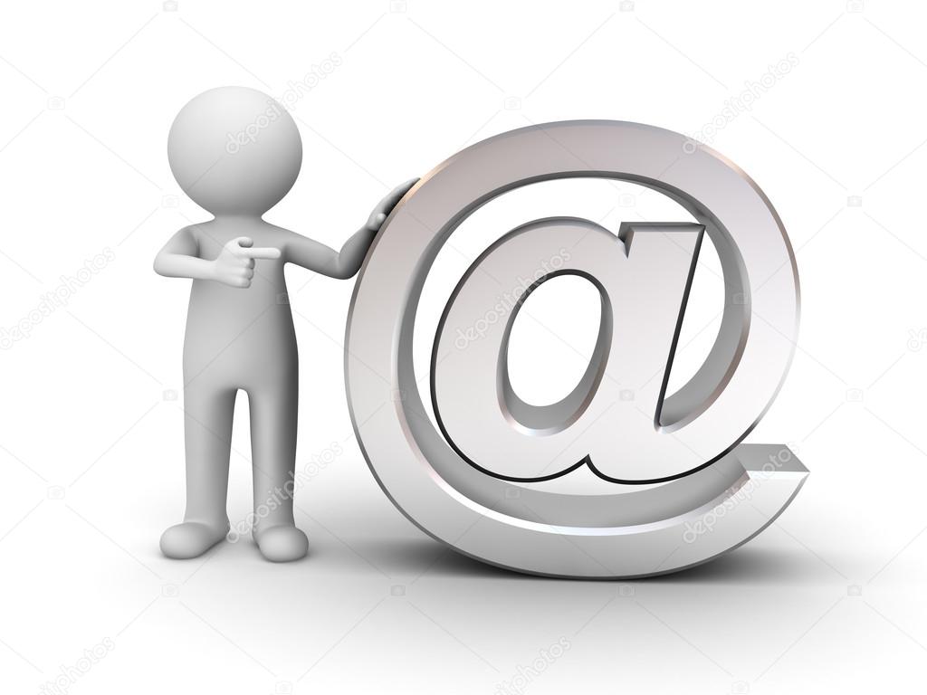 3d man with metal email sign over white