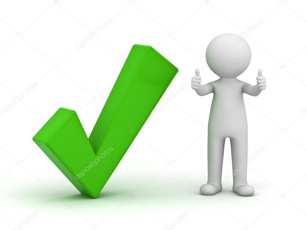3d man showing thumbs up with green check mark on white background
