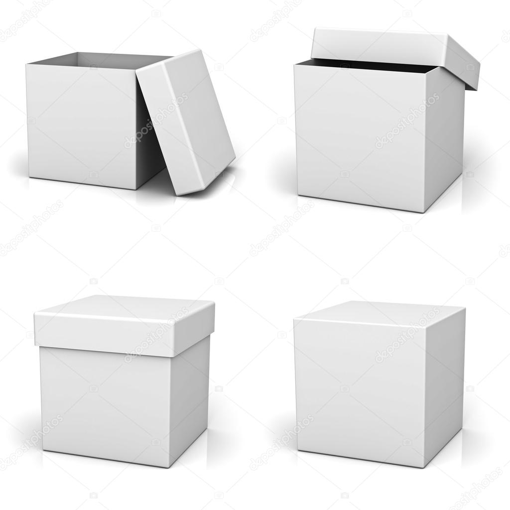 Collection of blank boxes on white background with reflection