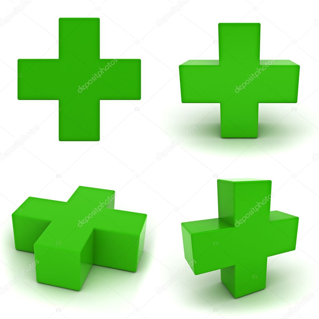 Collection of green plus sign isolated on white background