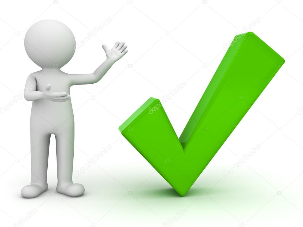 3d man showing green tick over white background