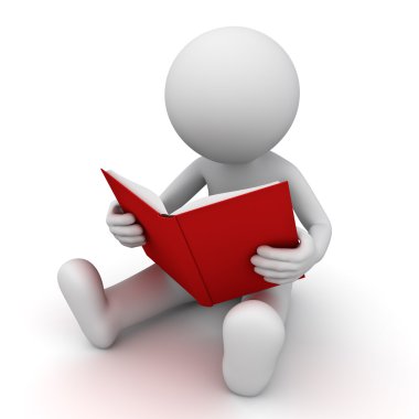 3d adam oturmuş ve kırmızı kitap okuma